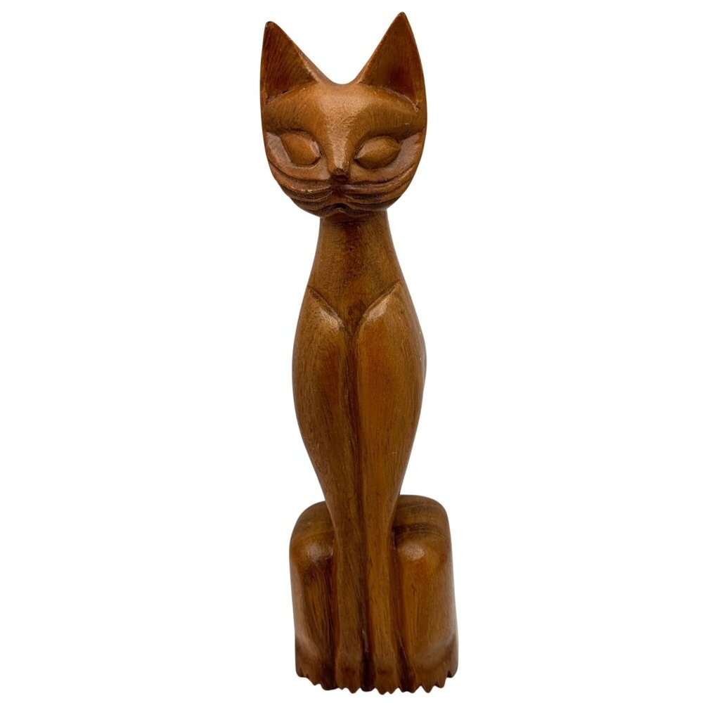 Hand-Carved Wooden Siamese Cat Figurine Mid-Century Modern 10" Vtg Brown